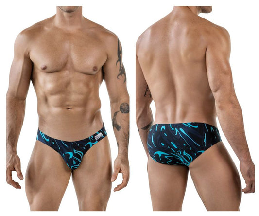 Men’s clever 1861 grosh bikini swim trunks in black and teal abstract pattern for beach and pool wear