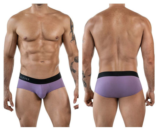 Purple textured briefs with black elastic waistband featuring brand name clever in white lettering in lilac color