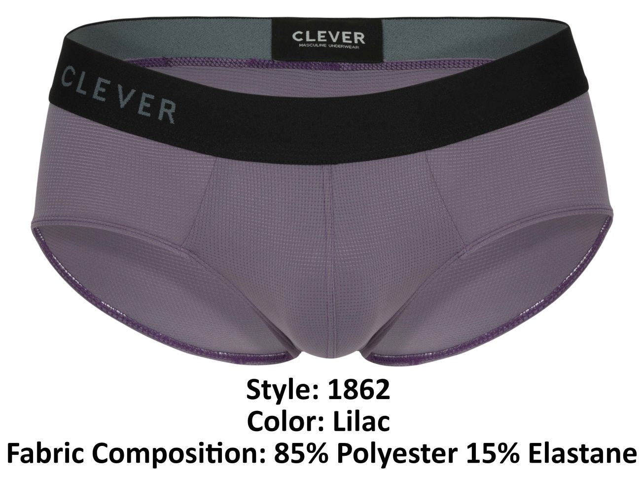 Lilac clever 1862 Oneal men’s briefs made from 85% polyester 15% elastane with black waistband and gray brand name