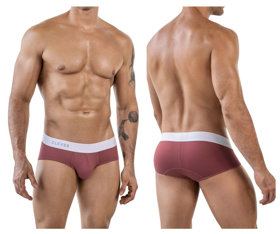 Maroon clever 1863 lecler briefs with a white waistband featuring clever logo in gray lettering for comfortable wear