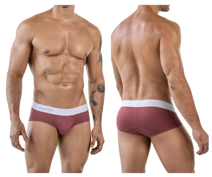 Maroon clever 1863 lecler briefs with a white waistband featuring clever logo in gray lettering for comfortable wear