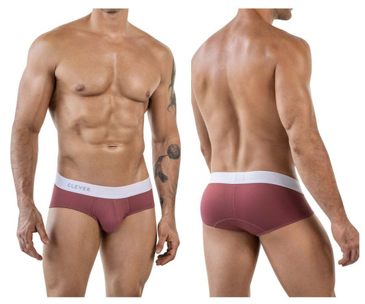 Maroon clever 1863 lecler briefs with a white waistband featuring clever logo in gray lettering for comfortable wear