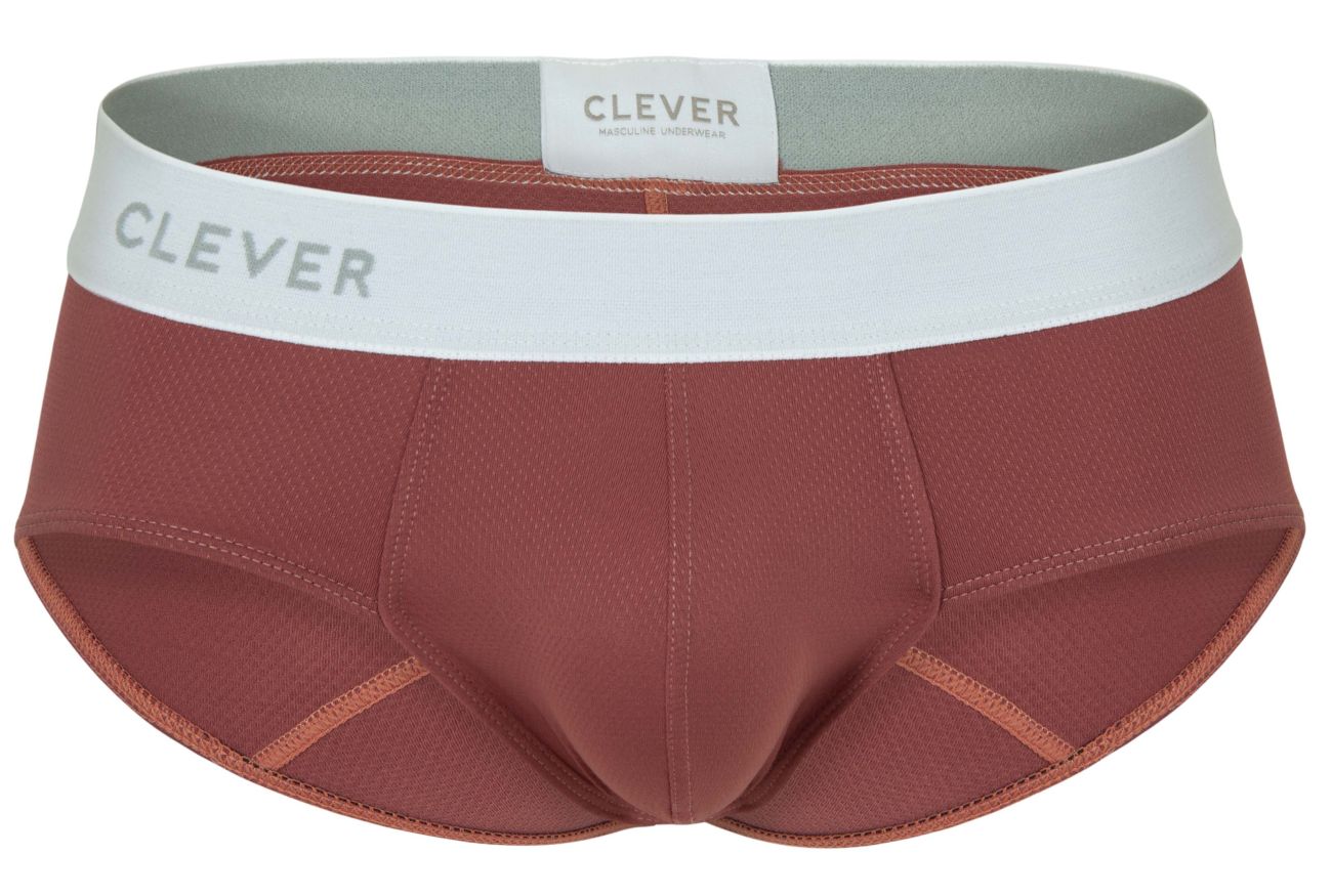 Clever 1863 lecler briefs in rust-colored textured fabric with white elastic waistband and clever logo