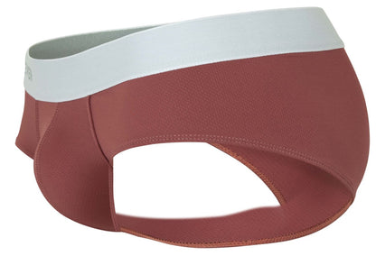 A sleek rust-colored Clever 1863 Lecler brief with contrasting white elastic waistband in grape color