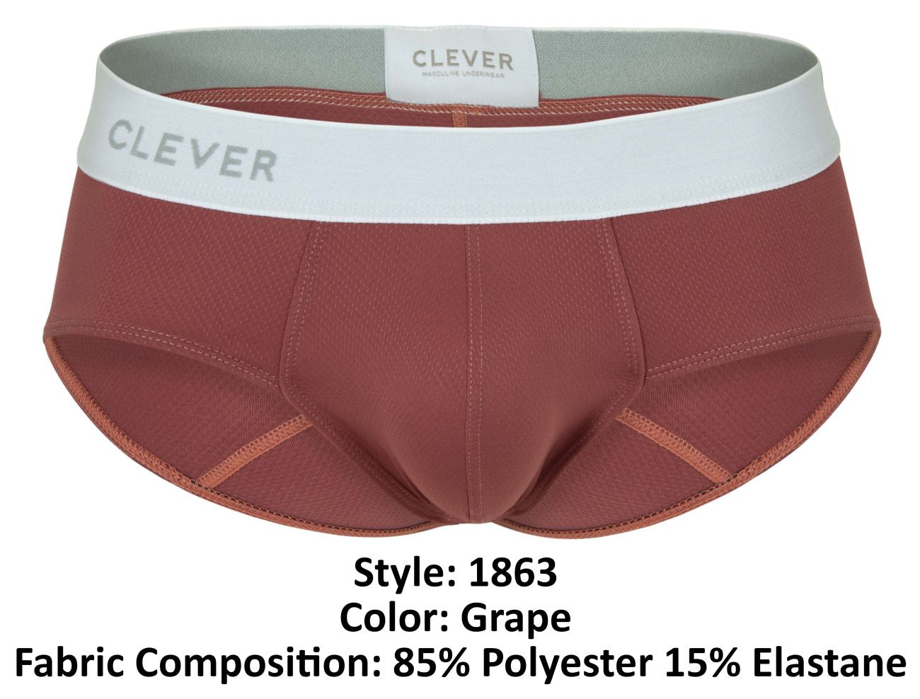 Clever 1863 lecler grape-colored men’s briefs made from 85% polyester and 15% elastane for comfortable wear