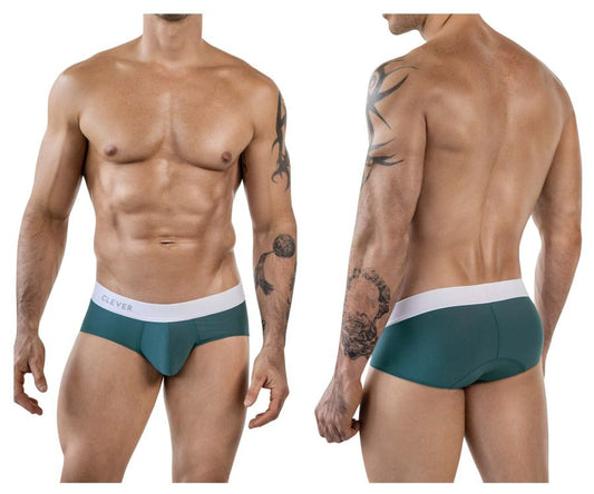 Teal clever 1863 lecler briefs with a white waistband and black clever branding in form-fitting stretch fabric