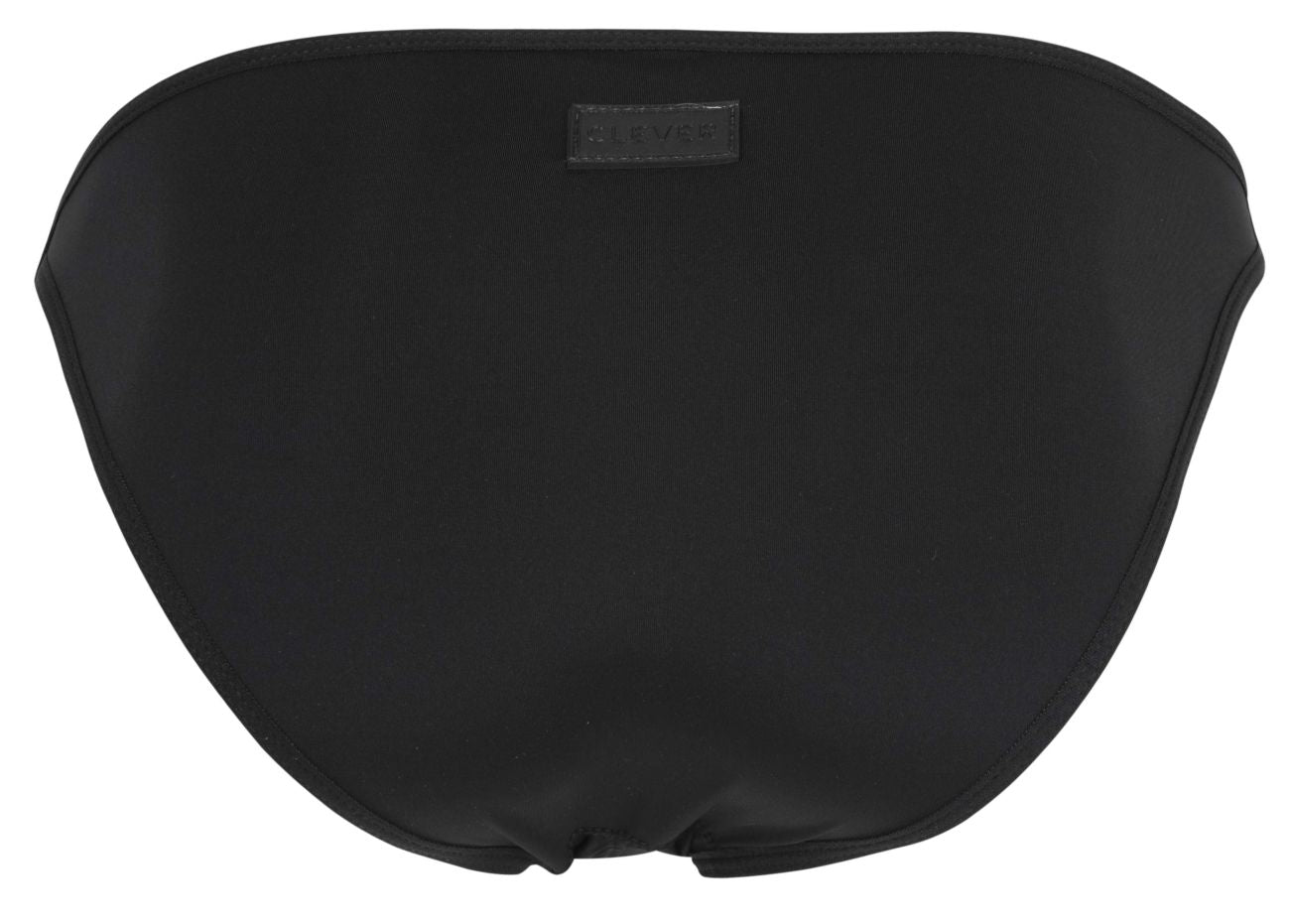 Black satin bikini bottom with subtle sheen and small brand tag at top center from clever 1865 oomph bikini color black