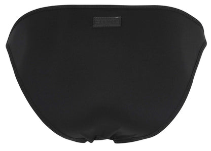 Black satin bikini bottom with subtle sheen and small brand tag at top center from clever 1865 oomph bikini color black