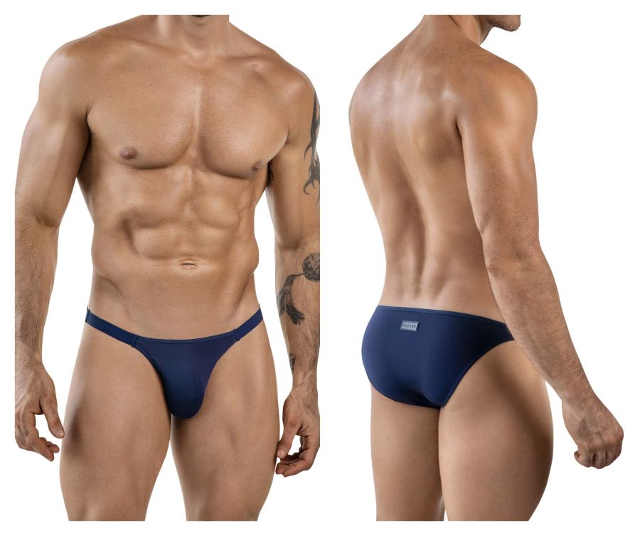 Navy blue clever 1865 oomph bikini briefs with smooth form-fitting design and small brand tag on back waistband
