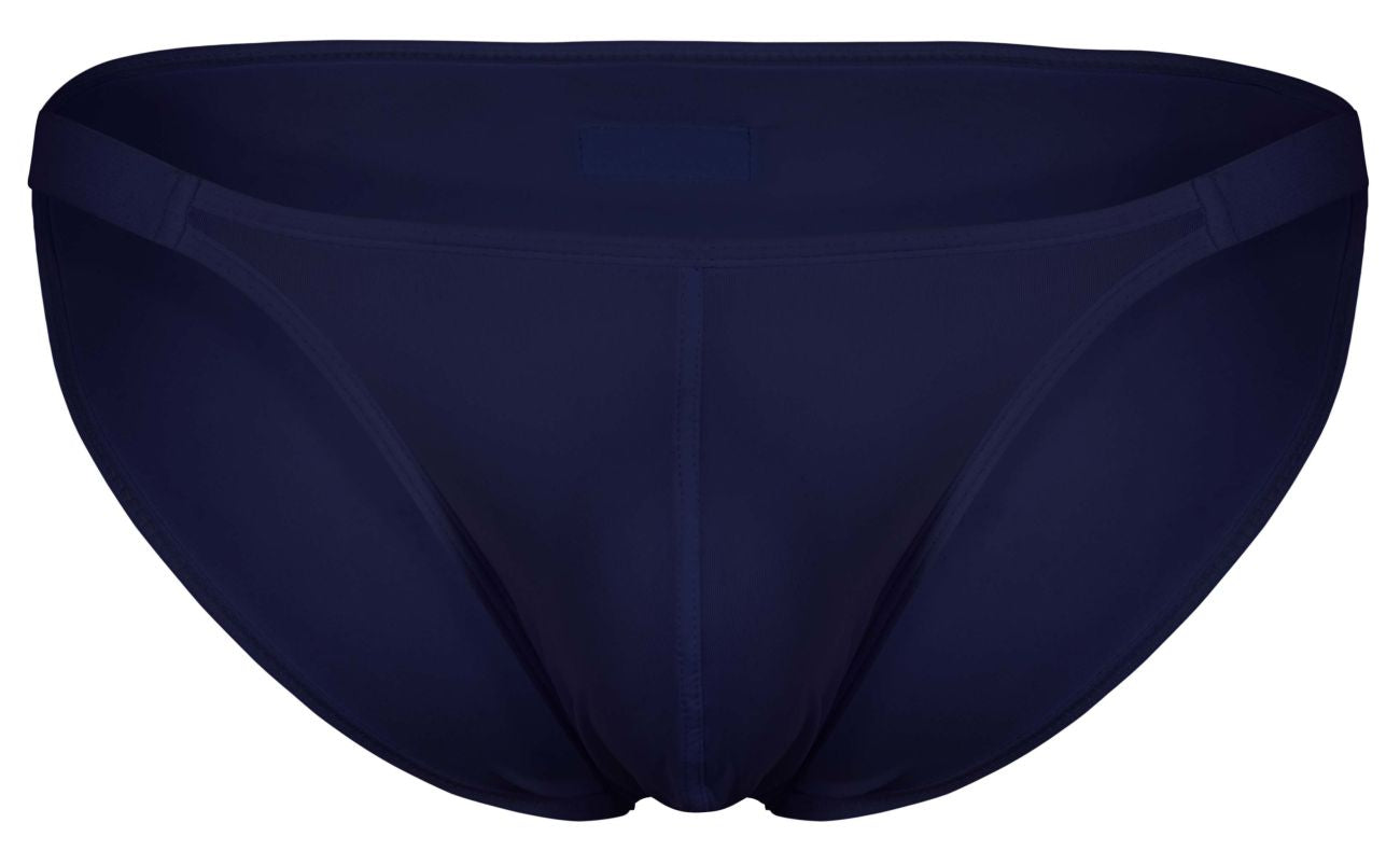 Navy blue clever 1865 oomph bikini briefs with smooth seamless fabric finish shown from the back side