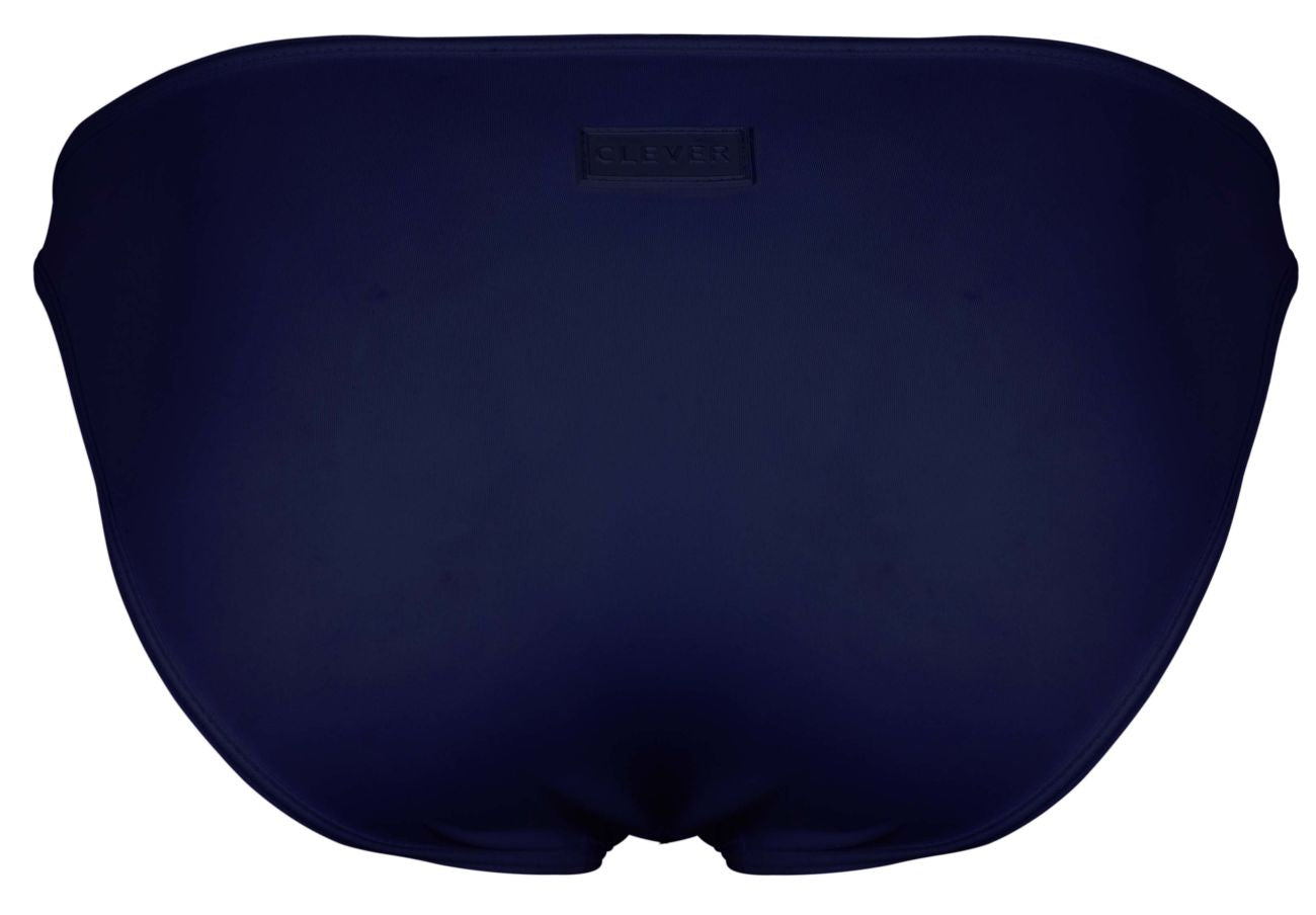Navy blue Clever 1865 Oomph bikini swim trunks with a small rectangular brand tag at the waistband
