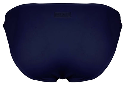 Navy blue Clever 1865 Oomph bikini swim trunks with a small rectangular brand tag at the waistband
