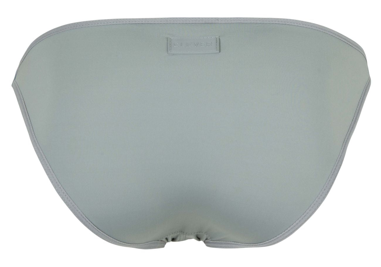 Light gray satin bikini bottom with subtle seam and small rectangular brand tag from clever 1865 oomph bikini