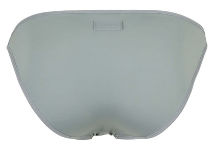 Light gray satin bikini bottom with subtle seam and small rectangular brand tag from clever 1865 oomph bikini
