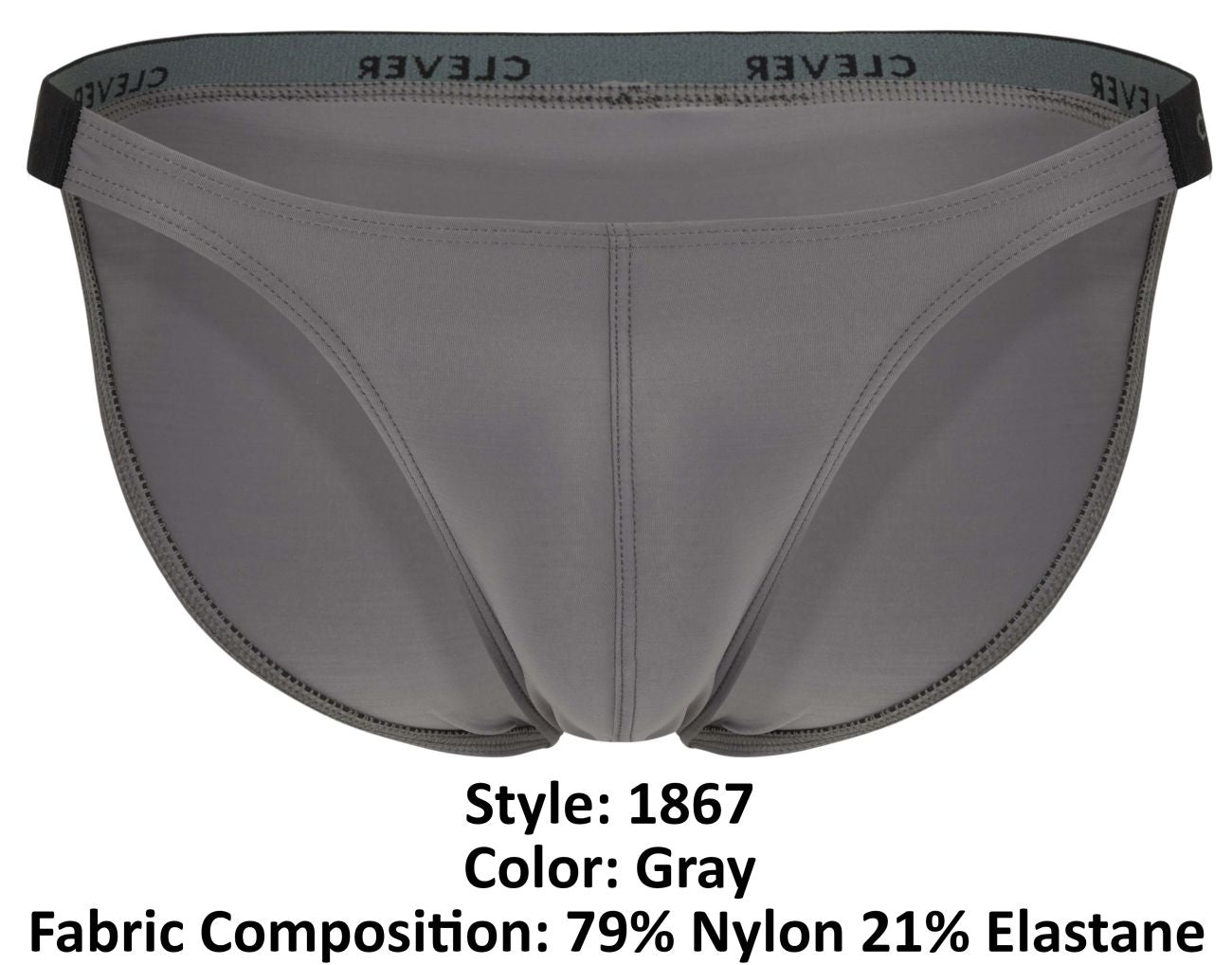 Gray men’s clever 1867 tokio bikini briefs with black elastic waistband and white brand name print