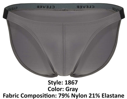 Gray men’s clever 1867 tokio bikini briefs with black elastic waistband and white brand name print