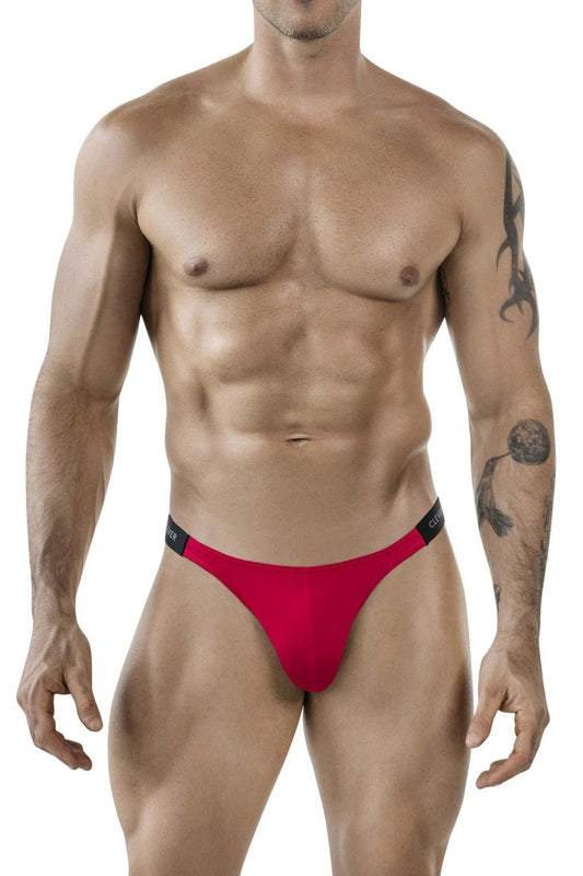 Red clever 1867 tokio bikini thong with black elastic waistband and white cuter brand name print