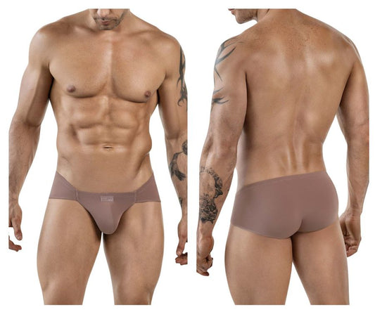 Tan clever 1870 audaz bikini briefs for men with smooth stretchy fabric and subtle brand tag on waistband