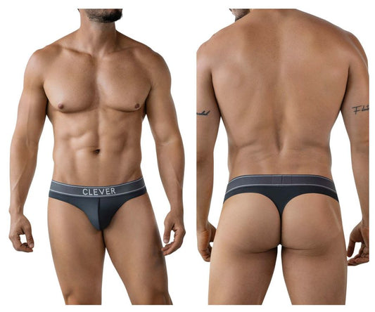 Dark gray clever 2008 raw thong briefs with a lighter gray waistband featuring white clever brand lettering