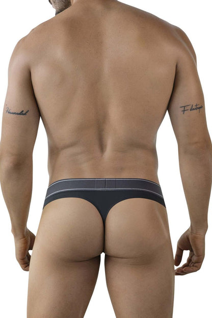 Dark gray clever 2008 raw thong with a light gray stripe across the waistband shown from the back side