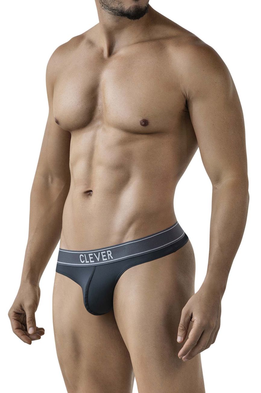 Dark gray clever 2008 raw thong with white waistband and bold uppercase clever brand name visible on front side