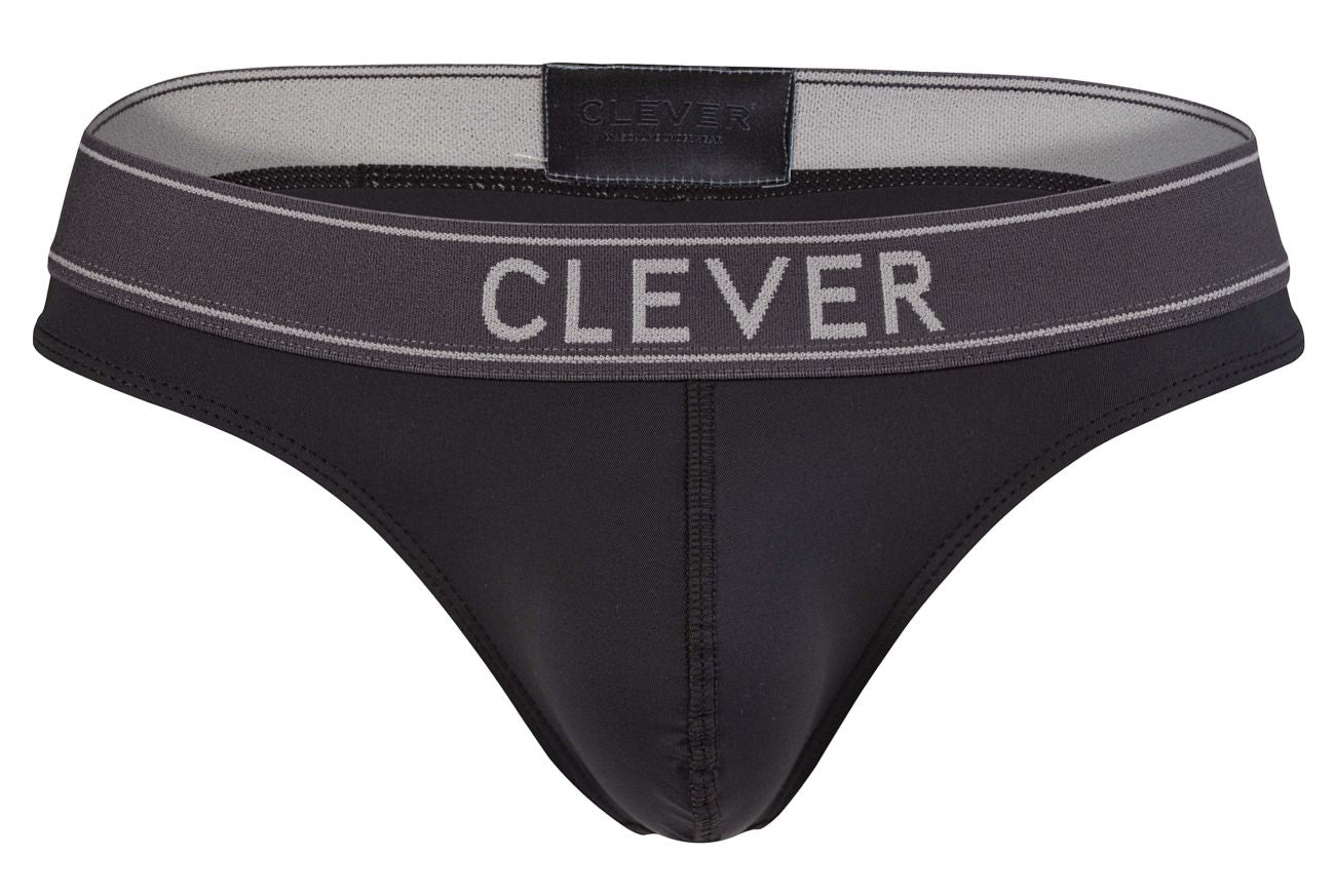 Black clever 2008 raw thongs with a gray waistband white lettering and subtle stitching details visible from the back