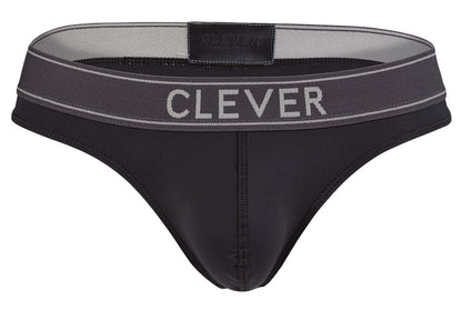 Black clever 2008 raw thongs with a gray waistband white lettering and subtle stitching details visible from the back