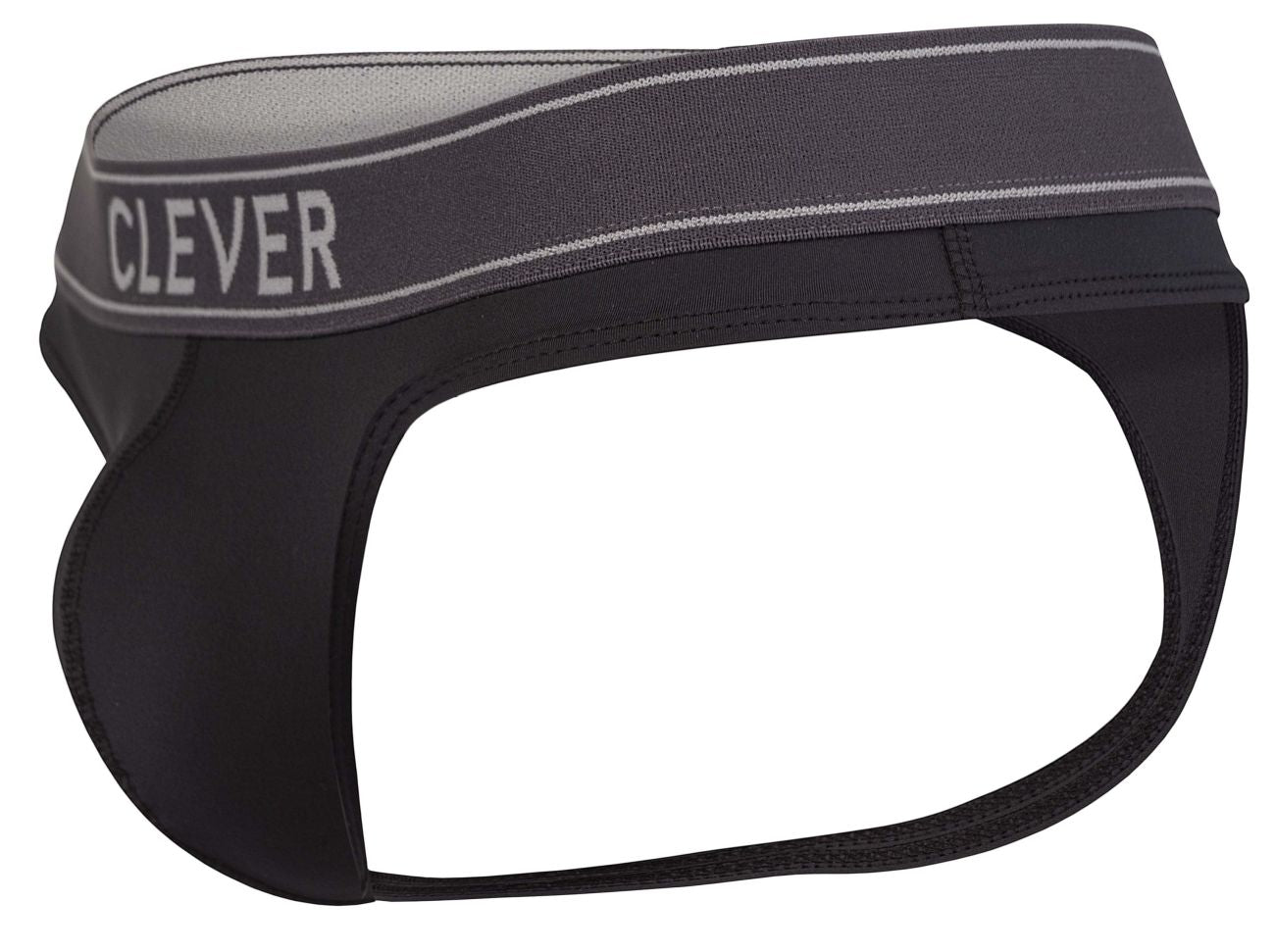 Black and gray clever 2008 raw thongs with a sleek form-fitting design shown from the back side in dark gray color
