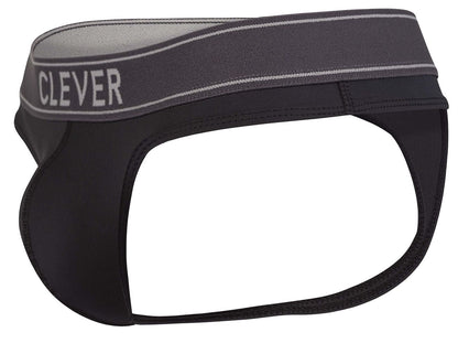 Black and gray clever 2008 raw thongs with a sleek form-fitting design shown from the back side in dark gray color