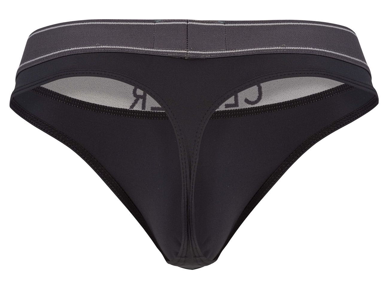 Black clever 2008 raw thong with gray waistband subtle white stitching and cle brand on inner lining