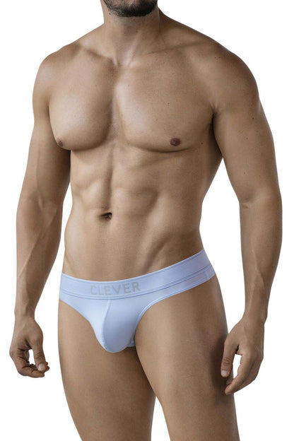 Light blue clever 2008 raw thongs seamless briefs with subtle clever logo on waistband for comfortable wear