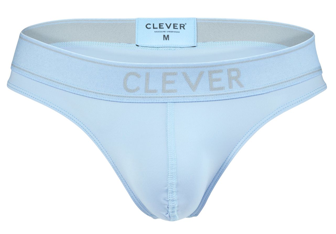 Light blue clever 2008 raw men’s briefs with subtle gray logo and elastic waistband for comfortable wear