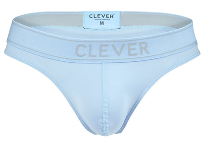 Light blue clever 2008 raw men’s briefs with subtle gray logo and elastic waistband for comfortable wear