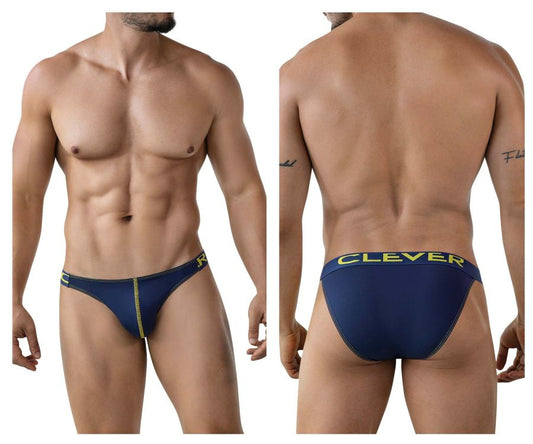 Navy blue Clever 2009 Earthskin bikini briefs with yellow trim and logo made from soft breathable fabric