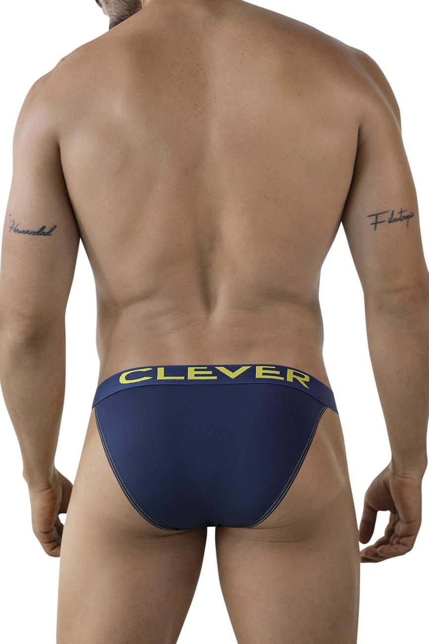 Navy blue Clever 2009 Earthskin bikini briefs with yellow waistband lettering made from soft fabric for everyday wear