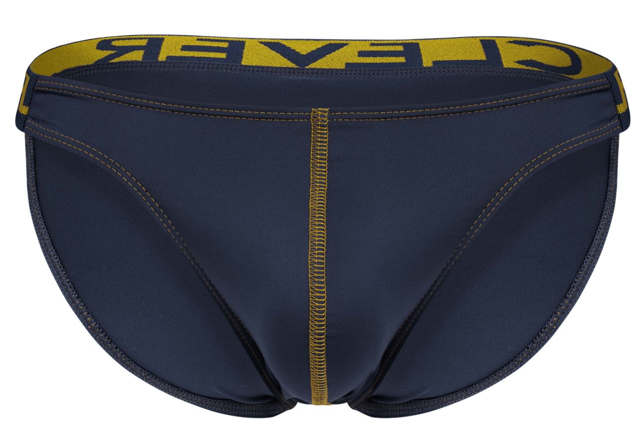 Navy blue clever 2009 earthskin bikini swim trunks with bold yellow waistband and matching yellow stitching along seams