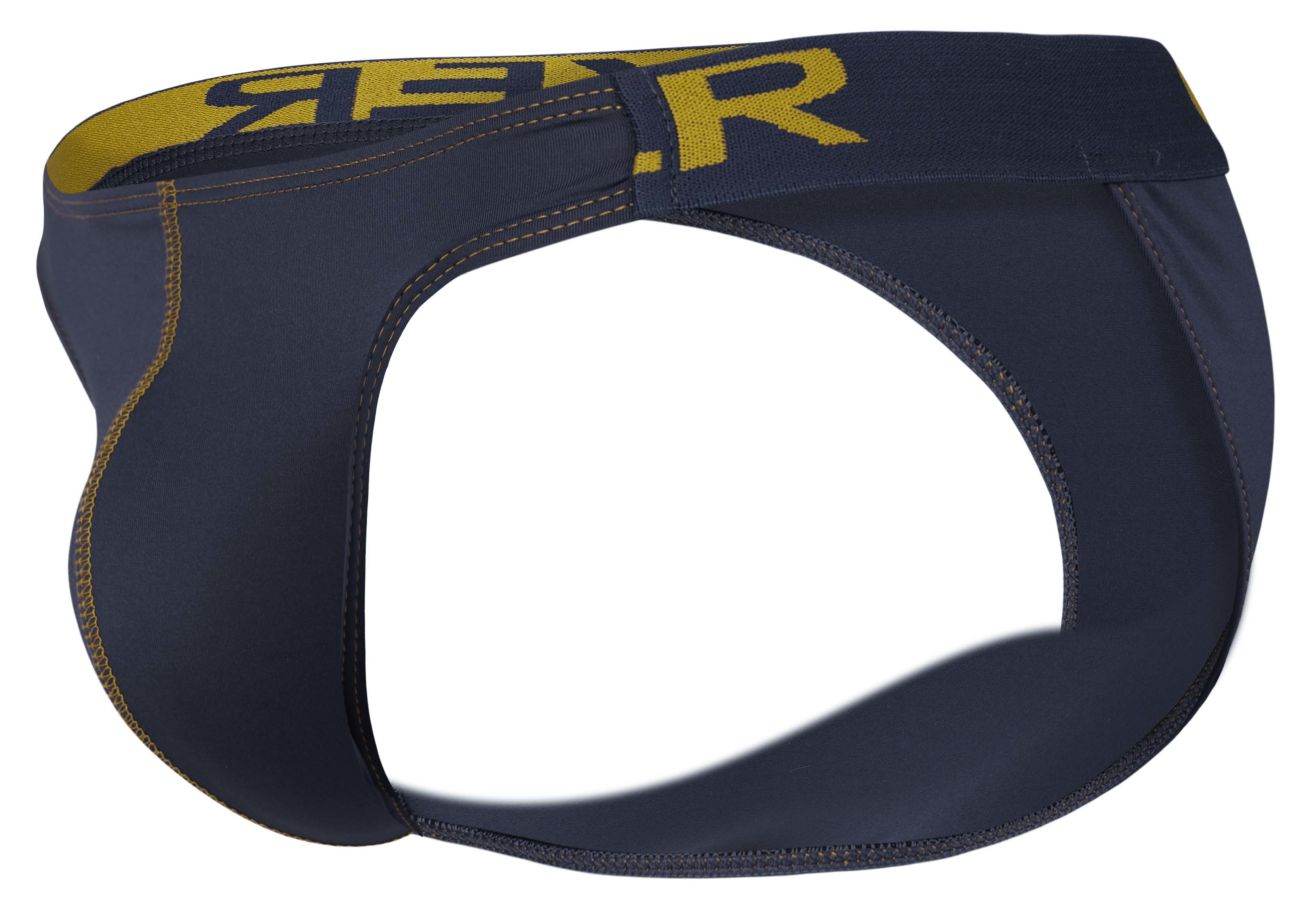 Dark navy blue athletic briefs with bold yellow r branding on the waistband from clever 2009 earthskin bikini line