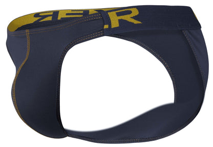 Dark navy blue athletic briefs with bold yellow r branding on the waistband from clever 2009 earthskin bikini line