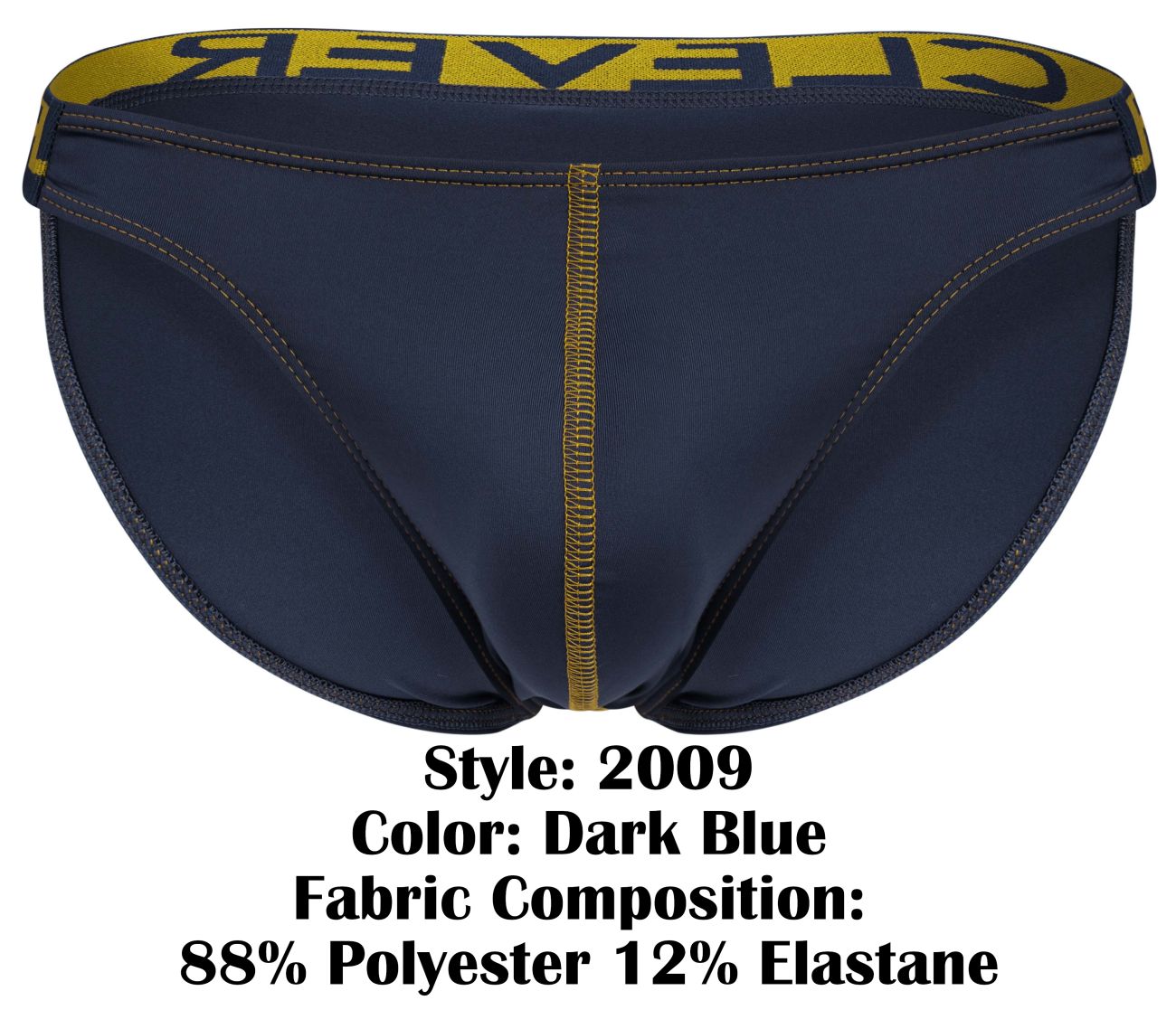 Dark blue clever 2009 earthskin bikini briefs with yellow waistband, black branding, and gold center seam stitching