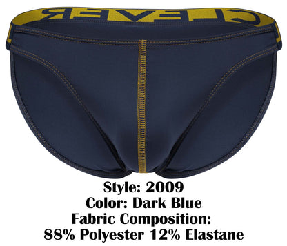 Dark blue clever 2009 earthskin bikini briefs with yellow waistband, black branding, and gold center seam stitching