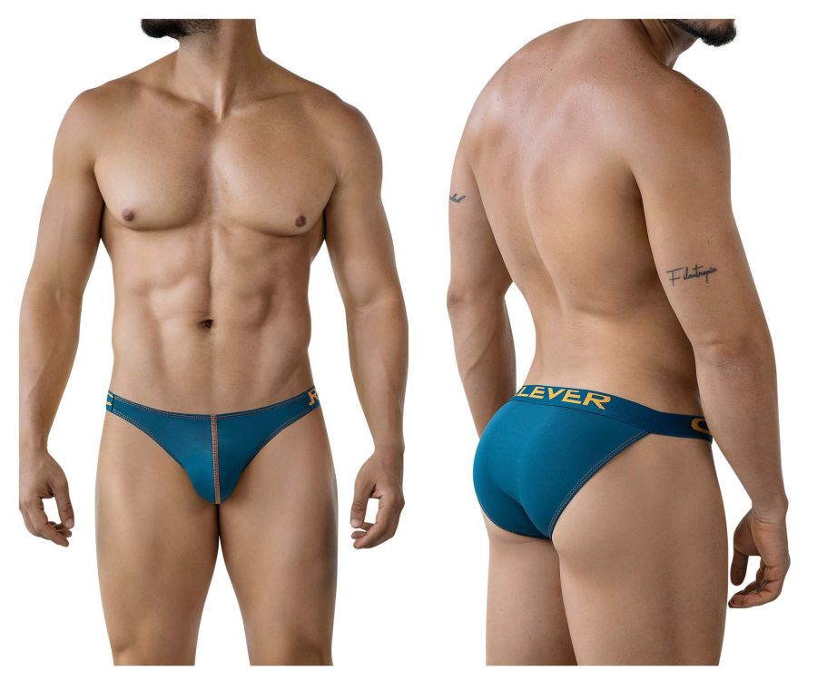 Teal colored form fitting briefs with subtle texture and gold lettering on the waistband clever 2009 earthskin bikini