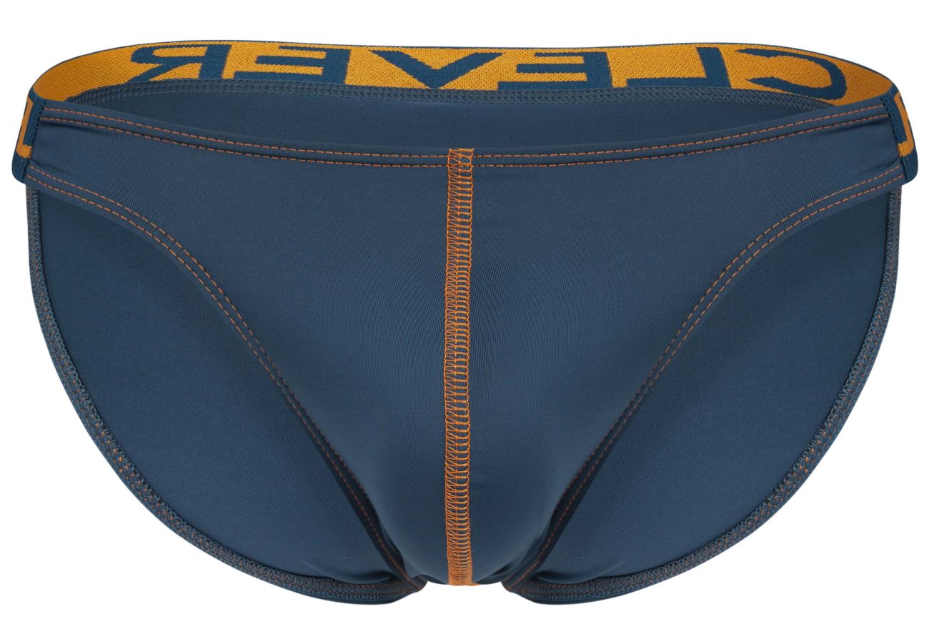 Navy blue briefs with orange waistband and clever branding in black bold letters from clever 2009 earthskin bikini line