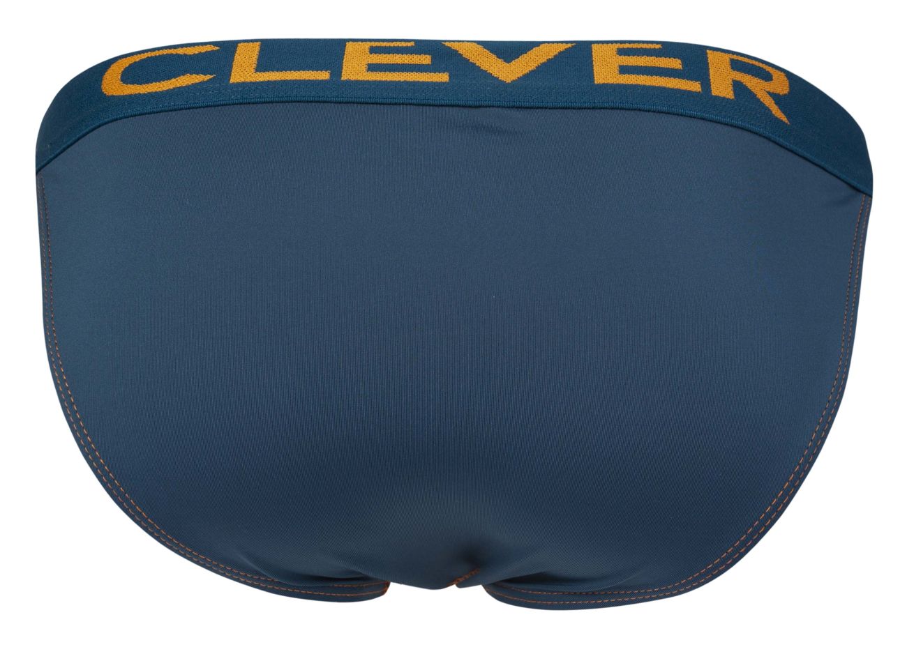Dark blue men’s briefs with a yellow clever logo on the waistband from the clever 2009 earthskin bikini petrol green collection