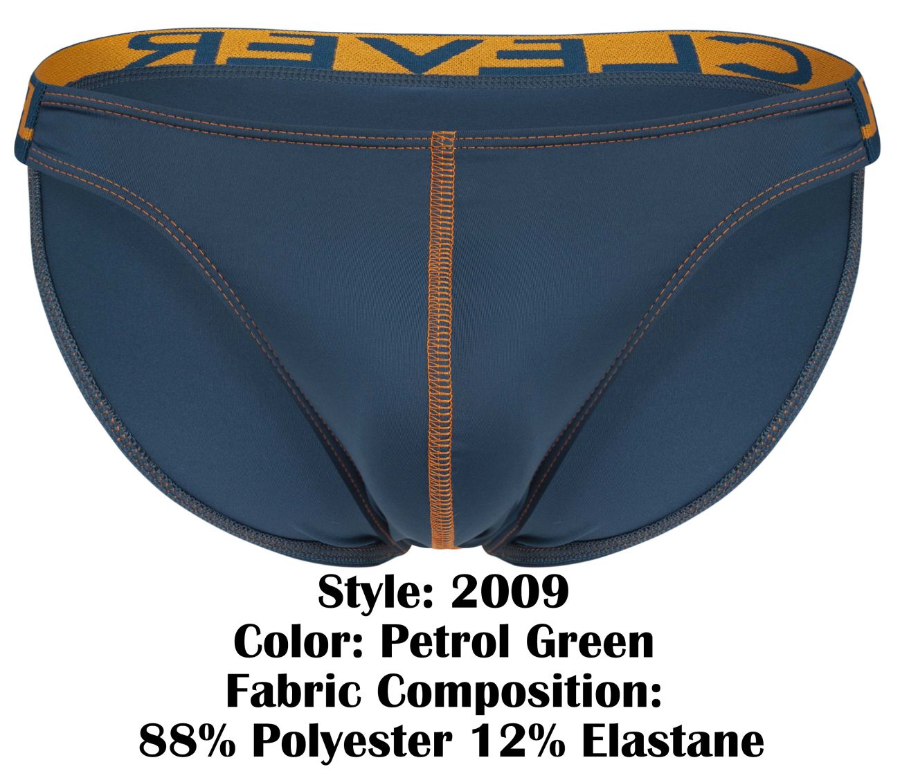 Petrol green briefs with yellow waistband featuring clever branding and orange stitching from clever 2009 earthskin bikini