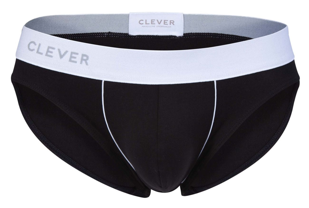 Black clever 2012 origen briefs with white waistband gray trim and subtle white stitching along the sides