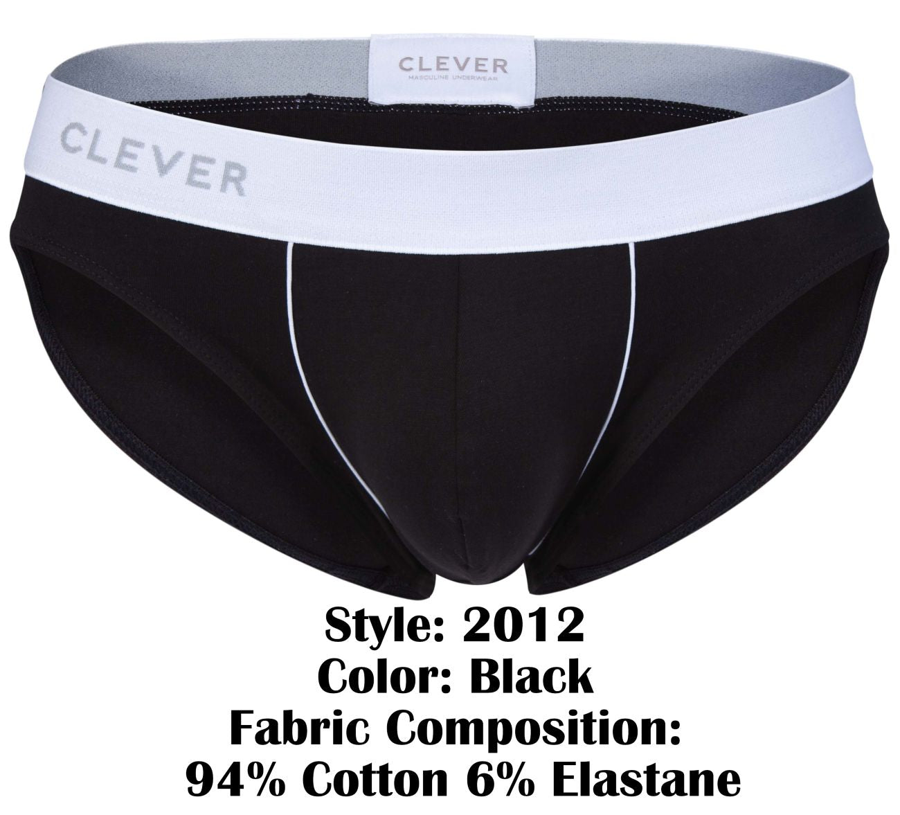 Black clever 2012 origen briefs with white waistband gray clever logo and subtle white side stitching in black fabric