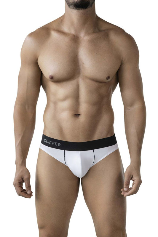 White clever 2012 origen briefs for men with black waistband and white brand logo in a cotton blend material