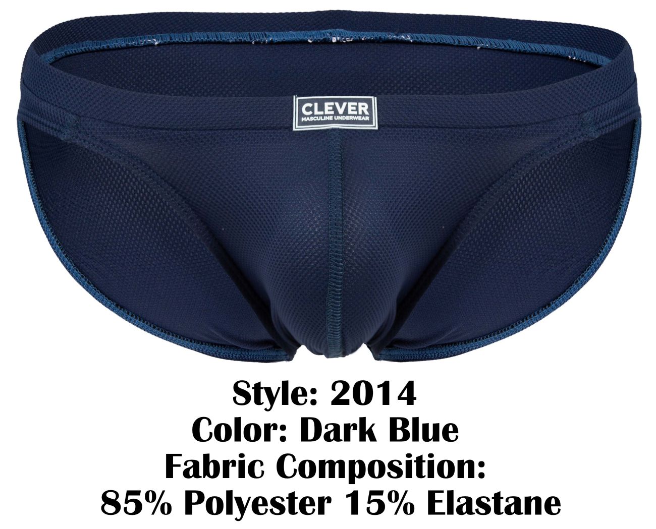 Dark blue clever 2014 reto men’s briefs made with mesh fabric blend of 85 polyester and 15 elastane