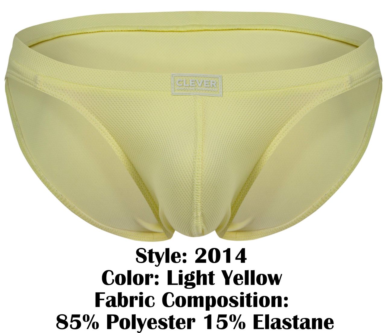 Light yellow clever 2014 reto men’s briefs made of 85 polyester 15 elastane with subtle textured weave and branded label