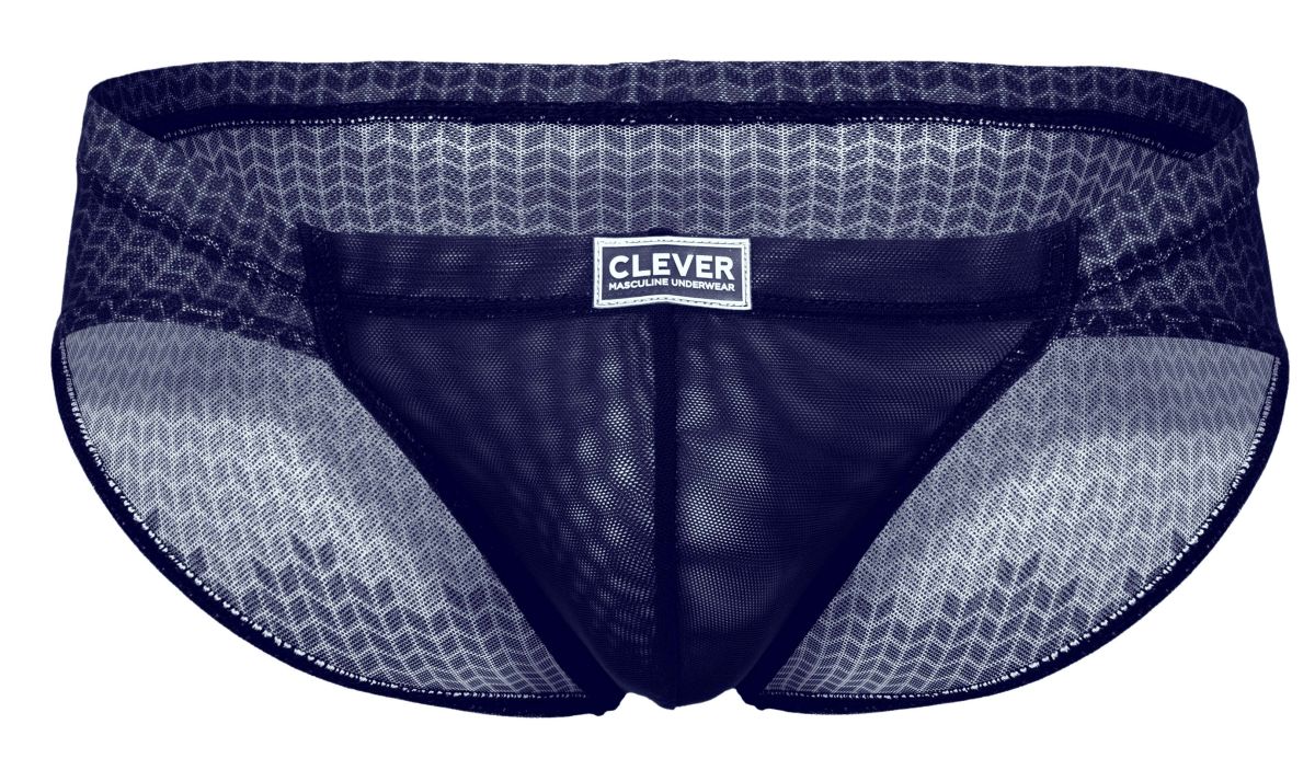 Dark blue mesh men’s briefs with subtle geometric pattern and clever male underwear branded label by Clever 2016